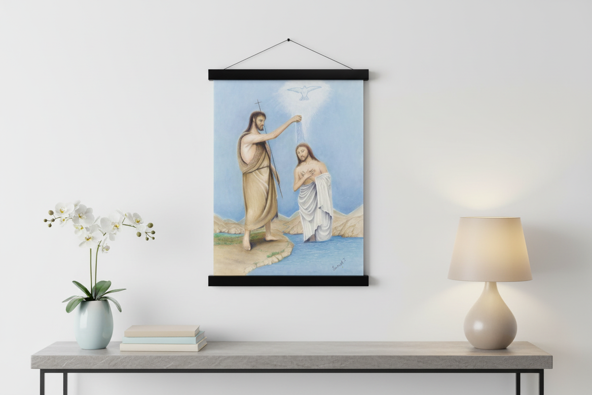 Baptism of Jesus print in a black magnetic bar hanger with an orchid and yellow lamp on a console