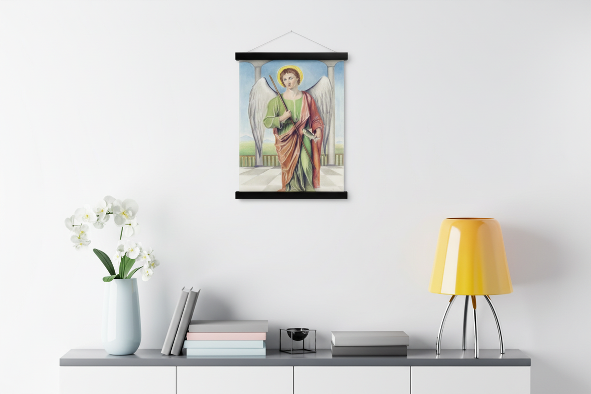 Saint Raphael the Archangel print in a black magnetic bar hanger with flowers and a yellow lamp
