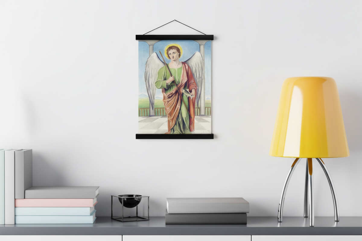 Saint Raphael the Archangel print in a black magnetic bar hanger above a console with a yellow lamp
